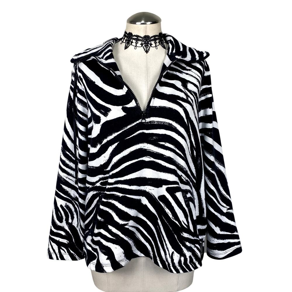 Vtg Y2K Ruby Rd. Zebra Print High Collar Qtr Zip Up Track Jacket Emo Grunge Alt